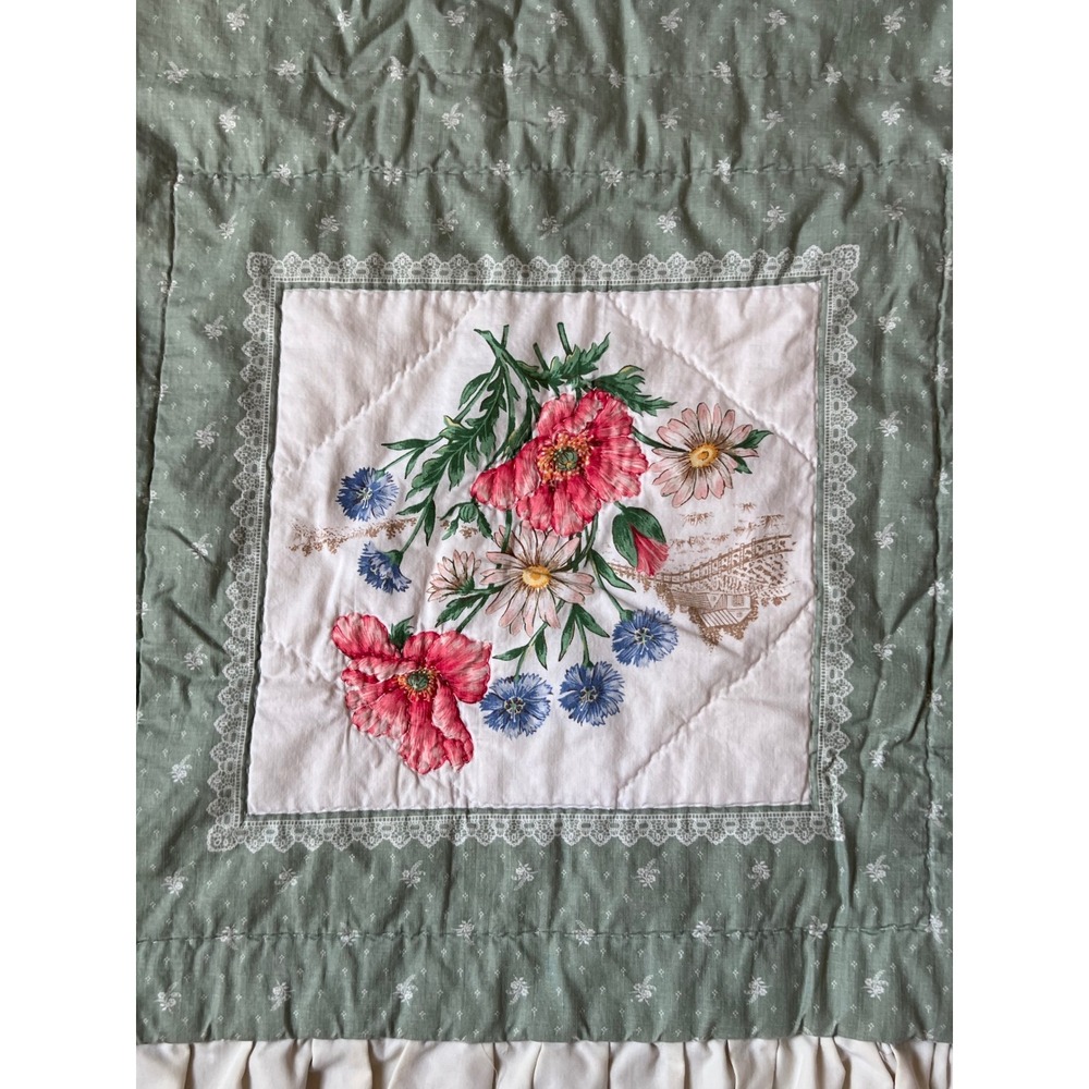 Vintage Sage Green Floral Quilted Bedspread Ruffle Edge Cottagecore Farmhouse - Picture 2 of 5